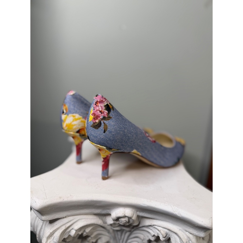 Nine West Floral Denim Pointed Toe Pumps Light Blue Yellow Stiletto Heels 6.5M - Picture 4 of 7